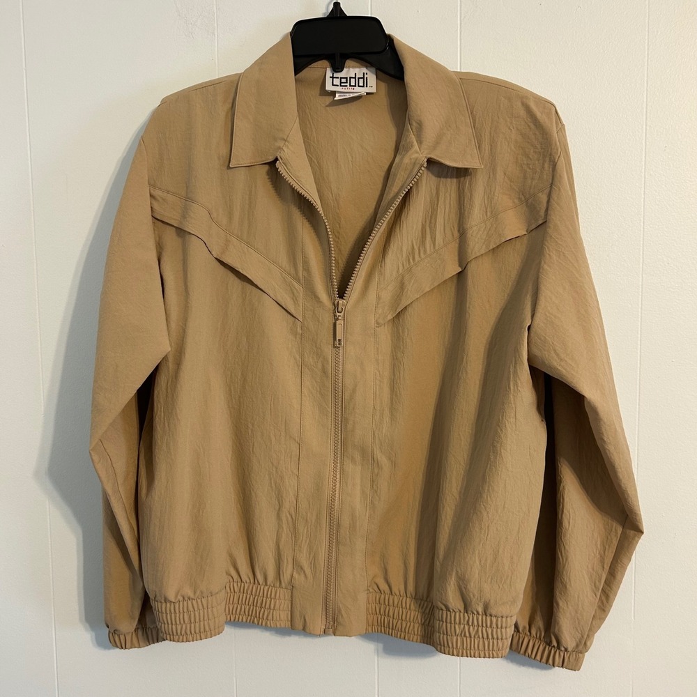 Teddi Petite Vintage Tan Full‎ Zip Windbreaker Jacket Western Yoke Khaki PL